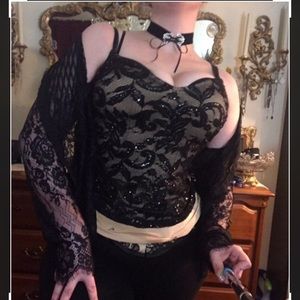 Sexy Goth Black Lace Sequin Top